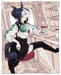  1girl animal_ears ascot bar_(place) black_hair black_skirt blue_ascot breasts crossed_legs cup drinking_glass garter_straps gloves high-waist_skirt highres holding horse_ears horse_girl horse_tail indoors long_sleeves looking_at_viewer mejiro_ramonu_(umamusume) mole mole_under_eye multicolored_hair nobita_(makoto7060355) single_glove sitting skirt smile solo tail two-tone_hair umamusume wavy_hair white_gloves white_hair wine_glass 