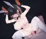  1boy 1girl absurdres animal_ears armlet armpits arms_up bar_censor baseball_cap bikini black_headwear bow bowtie breasts breasts_out censored cowgirl_position cum dima_(girls&#039;_frontline) eonsang fake_animal_ears girl_on_top girls&#039;_frontline gloves hat hetero highres large_breasts medium_hair motion_blur orange_gloves ponytail rabbit_ears rabbit_pose reverse_cowgirl_position sex spread_legs squatting_cowgirl_position straddling swimsuit thighhighs two-tone_gloves vaginal white_bikini white_thighhighs 
