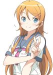  1girl blue_eyes blue_sailor_collar blush closed_mouth commentary hair_ornament hairclip highres kanzaki_hiro kousaka_kirino long_hair looking_at_viewer neckerchief orange_hair ore_no_imouto_ga_konna_ni_kawaii_wake_ga_nai pink_neckerchief sailor_collar school_uniform serafuku shirt short_sleeves simple_background smile symbol-only_commentary upper_body v white_background white_shirt 