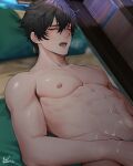  1boy abs asa_ifrit_(asaifrit) black_hair blush cum dan_heng_(honkai:_star_rail) highres honkai:_star_rail honkai_(series) lying male_focus masturbation muscular muscular_male navel nipples nude one_eye_closed open_mouth pubic_hair short_hair solo 