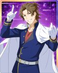  1boy belt brown_hair coat coat_on_shoulders facial_hair gloves goatee idolmaster idolmaster_side-m idolmaster_side-m_growing_stars index_finger_raised long_sleeves male_focus official_art purple_eyes smile teeth white_gloves yamashita_jiro 