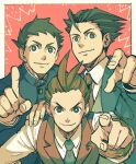  3boys ace_attorney antenna_hair apollo_justice black_hair blue_jacket blue_necktie border bracelet brown_hair buttons closed_mouth collared_shirt gakuran hand_on_another&#039;s_shoulder hand_on_own_hip jacket jewelry lapel_chain lapel_pin lapels long_sleeves male_focus multiple_boys necktie outside_border phoenix_wright pointing pointing_at_viewer portrait red_background red_necktie red_vest ryunosuke_naruhodo school_uniform shino_(shino_dgs) shirt short_hair smile spiked_hair very_short_hair vest white_border white_shirt 