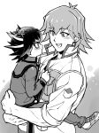  2boys absurdres age_difference aged_down black_hair blush bruno_(yu-gi-oh!) carrying carrying_person child clothes_grab commentary_request embarrassed fudou_yuusei greyscale high_collar highres holding jacket male_focus monochrome multicolored_hair multiple_boys open_clothes open_jacket open_mouth pants screentones shirt shoes short_hair sleeves_rolled_up smile sneakers spiked_hair standing streaked_hair youko-shima yu-gi-oh! yu-gi-oh!_5d&#039;s 