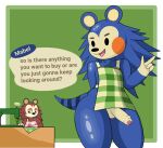  animal_crossing anthro apron balls blue_body blue_fur brown_body brown_fur clothing crossgender duo eulipotyphlan fluffy fur genitals hand_behind_back hedgehog hi_res mabel_able male mammal nintendo penis poraka7 sable_able sewing_machine thick_thighs 