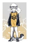  ? animal_ears bags_under_eyes bear bepo child frown grey_background highres hood hoodie jyukawa leopard_boy leopard_ears leopard_tail male_focus one_piece oversized_clothes oversized_shirt polar_bear shirt shoes simple_background sleeves_past_fingers sleeves_past_wrists snow_leopard solo standing tail trafalgar_law yellow_eyes 