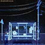  abueloretrowave bench bus_stop glasses highres light night night_sky no_humans original outdoors pixel_art poster_(object) reflection reflective_floor reflective_water road_sign sign sky space star_(sky) water wire 