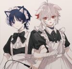  2boys absurdres animal_ears apron bandaid bandaid_on_cheek bandaid_on_face black_collar black_dress blue_hair cat_boy cat_ears closed_mouth collar crossdressing dark_blue_hair dog_boy dog_ears dress genshin_impact grey_background highres kaedehara_kazuha maid maid_apron maid_headdress multicolored_hair multiple_boys purple_eyes red_eyeliner red_eyes red_hair scaramouche_(genshin_impact) short_hair smirk white_hair yeye01370 