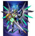  2023 absurd_res anthro armor chimo205 cloud dragon green_wings hi_res holding_object holding_weapon multicolored_body multicolored_wings sky solo weapon white_body white_wings wings yellow_body 