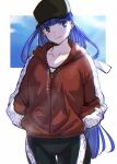  1girl aoba_(smartbeat) baseball_cap bike_shorts black_headwear black_shorts blue_eyes blue_sky breasts closed_mouth collarbone fate/grand_order fate_(series) hair_ribbon hands_in_pockets hat highres jacket large_breasts long_hair long_sleeves looking_to_the_side martha_(fate) martha_(under_the_same_sky)_(fate) purple_hair red_jacket ribbon shorts sky smile solo thighs white_ribbon 