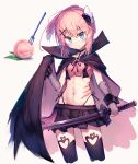  1girl beize_(garbage) black_cape black_choker black_thighhighs blue_eyes blush cape chiyoda_momo choker collarbone commentary cropped_legs food fruit gloves grey_gloves hair_between_eyes hair_ornament highres holding holding_sword holding_weapon machikado_mazoku navel parted_lips peach pink_hair ponytail scar scar_on_stomach short_hair simple_background solo sword symbol-only_commentary thighhighs weapon white_background x_hair_ornament 