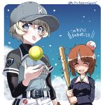  2girls bandaged_head bandages bandaid bandaid_on_face baseball_bat baseball_cap belt black_belt blue_eyes blue_headwear blue_jacket blue_shirt brown_hair closed_eyes commentary facing_another girls_und_panzer green_shirt grey_hair hat head_bump holding holding_baseball_bat inoue_yoshihisa jacket layered_sleeves long_sleeves looking_at_viewer military_uniform multiple_girls nail nail_bat nishizumi_miho ooarai_military_uniform open_mouth shirt short_hair short_over_long_sleeves short_sleeves shorts smile snowing softball softball_uniform sportswear translated twitter_username uniform white_shorts youko_(girls_und_panzer) 