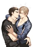  2boys animal_ears arm_around_neck black_shirt blonde_hair blue_shirt blush brown_eyes brown_hair chris_redfield closed_eyes collarbone english_commentary facial_hair hair_between_eyes highres hug jujeop leon_s._kennedy looking_at_another male_focus multiple_boys muscular open_clothes open_shirt pants resident_evil shirt short_hair sketch tight_clothes tight_shirt white_background yaoi 