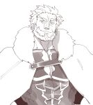  1boy armor beard cape facial_hair fate/grand_order fate/zero fate_(series) fur-trimmed_cape fur_trim halorane iskandar_(fate) large_pectorals long_sideburns looking_at_viewer male_focus mature_male monochrome muscular muscular_male pectorals short_hair sideburns simple_background smile solo upper_body white_background 