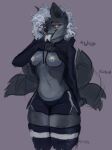  anthro big_breasts bottomwear breasts canid canid_demon canine canis chubby_female clothing demon female fluffy hellhound hi_res hoodie hotpants legwear mammal nipple_piercing nipples piercing shorts slightly_chubby smile solo thick_thighs thigh_highs topwear wickedlyundesirable wolf 