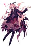  1girl black_dress blush breasts cleavage demon_girl demon_horns demon_wings dress full_body funamusea heart horns lil_(funamusea) long_sleeves multicolored_clothes multicolored_dress one_eye_closed pink_hair red_dress red_eyes solo teeth white_background wings zenryoku_eimin 