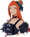  1girl bare_shoulders black_choker black_dress bow choker d4ggerfish dress fire_emblem fire_emblem_engage fur_trim highres long_hair orange_hair panette_(fire_emblem) short_bangs solo white_bow yellow_eyes 