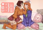  2girls brown_hair cheek_squash daphne_ann_blake english_text glasses hairband hand_on_own_face kirass3 like_and_retweet looking_at_another meme multiple_girls orange_hair orange_sweater orange_thighhighs pantyhose pillow purple_pantyhose scooby-doo sitting skirt sweater thighhighs twitter_strip_game_(meme) velma_dace_dinkley wariza yuri 