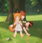  absurd_res animal_humanoid barefoot canid canid_humanoid canine canine_humanoid chiaki_(tiberiusponificus) clothed clothing dress duo feet female forest fox_humanoid green_clothing green_shirt green_topwear hi_res humanoid male mammal mammal_humanoid mikan_(tiberiusponificus) plant raccoon_dog shirt sleeping tail tailed_humanoid tanuki_humanoid tiberiusponificis topwear tree white_clothing white_dress 