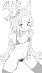  1girl absurdres animal_ear_fluff animal_ears arm_support armpit_crease armpit_hair bare_shoulders bikini blue_archive cameltoe closed_mouth collarbone flower flower_wreath forehead fox_ears greyscale hair_flower hair_ornament halo highres kkkweenie long_hair looking_at_viewer micro_bikini monochrome navel parted_bangs pubic_hair seia_(blue_archive) side-tie_bikini_bottom simple_background sitting sketch solo stomach swimsuit thighhighs untied_bikini untied_bikini_bottom v-shaped_eyebrows very_long_hair white_background 