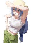  1girl aqua_(konosuba) arm_up armpits bare_shoulders blue_eyes blue_hair blush breasts carlo_montie covered_nipples highres kono_subarashii_sekai_ni_shukufuku_wo! long_hair pants shirt sleeves_rolled_up solo sweat very_long_hair wet wet_clothes wet_shirt white_shirt 