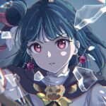  1girl broken_glass capelet close-up earrings feather_hair_ornament feathers genjitsu_no_yohane glass grey_background hair_bun hair_ornament highres jewelry love_live! love_live!_sunshine!! seubchok simple_background single_hair_bun staff tsushima_yoshiko 