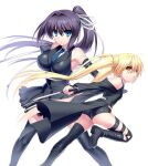  2girls ass bare_shoulders black_dress black_footwear black_gloves black_hair black_thighhighs blonde_hair blue_eyes blue_necktie boots breasts closed_mouth commentary_request dress elbow_gloves eyes_visible_through_hair feet_out_of_frame fighting_stance floating_hair frilled_dress frills gloves hair_between_eyes hair_intakes hair_ribbon holding holding_knife knife konohana_lucia large_breasts long_hair long_sleeves looking_at_viewer multiple_girls nakatsu_shizuru necktie official_alternate_costume parted_lips ponytail rewrite ribbon running serious simple_background sleeveless sleeveless_dress small_breasts standing thigh_strap thighhighs thighs twintails v-shaped_eyebrows very_long_hair white_background white_ribbon yellow_eyes zen_(kamuro) 