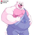  2023 anthro bear belly biceps big_belly big_muscles big_pecs clothed clothing eyebrows five_nights_at_freddy&#039;s flexing funtime_freddy_(fnafsl) fur hand_on_stomach hi_res licking licking_lips licking_own_lips looking_at_viewer male mammal musclegut muscular muscular_anthro muscular_male nipples obese obese_anthro obese_male overalls overalls_only overweight overweight_anthro overweight_male patreon pecs scottgames simple_background sister_location smile solo standing stompsthecroc text tongue tongue_out tuft twitch.tv url white_background 