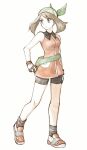  1girl asuka_rkgk bandana bike_shorts brown_hair collared_shirt fanny_pack full_body gloves green_bag green_bandana grey_eyes knees looking_back may_(pokemon) medium_hair orange_shirt parted_lips pokemon pokemon_(game) pokemon_emerald pokemon_rse shirt shoes sleeveless sleeveless_shirt socks solo standing white_gloves 