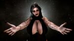  1girl 3d black_nails breasts cleavage cleavage_cutout clothing_cutout curvy demon_girl ear_piercing elf fingernails flower_tattoo highres hug jewelry large_breasts lips lipstick long_fingernails makeup mature_female nyxsmanor original piercing pointy_ears ring tattoo wedding_ring 