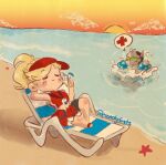  beach blonde_hair chibi genji_(overwatch) lifeguard mercy_(overwatch) overwatch sun visor_cap 
