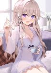  1girl azur_lane blonde_hair blue_eyes breasts collarbone conet510 couch hair_between_eyes hands_up heterochromia holding holding_spoon indoors large_breasts long_hair looking_at_viewer murmansk_(azur_lane) murmansk_(sceneries_of_pure_snow)_(azur_lane) nightgown official_alternate_costume on_couch purple_eyes purple_nightgown sitting solo spoon window 