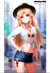  1girl absurdres blonde_hair blurry blurry_background blush bra bracelet breasts buttons cleavage closed_mouth collarbone day fate/apocrypha fate/grand_order fate_(series) green_eyes hand_up hat highres jewelry midriff mordred_(fate) mordred_(fate/apocrypha) navel necklace o-ring outdoors scan shorts simple_background sleeves_rolled_up small_breasts smile stomach tonee underwear 