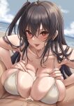  1boy 1girl :p absurdres azur_lane bikini black_hair blush breasts cleavage commentary_request cum highres large_breasts long_hair looking_at_viewer momo_no_sukebe official_alternate_costume paizuri parted_lips solo_focus swimsuit taihou_(azur_lane) taihou_(seaside_daydreams)_(azur_lane) tongue tongue_out water white_bikini 