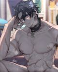  1boy abs animal_ears artist_name asa_ifrit_(asaifrit) bara black_hair closed_mouth completely_nude genshin_impact grey_hair highres large_pectorals looking_at_viewer male_focus multicolored_hair muscular muscular_male navel nipples nude outdoors pectorals scar scar_on_arm scar_on_chest scar_on_stomach short_hair solo streaked_hair twitter_username wet wet_hair wriothesley_(genshin_impact) 