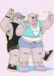  2023 anthro bear belly big_belly blush bottomwear cellphone clothing devour1129 duo embrace hat headgear headwear hi_res hug hugging_from_behind humanoid_hands kemono male male/male mammal overweight overweight_male phone shirt shorts smartphone topwear 