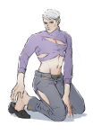  1boy clothing_cutout commentary_request cosplay full_body highres jojo_no_kimyou_na_bouken koppe_666 looking_at_viewer male_focus male_underwear midriff muscular muscular_male navel pants purple_sweater red_eyes risotto_nero shoes short_hair simple_background sitting solo sweatdrop sweater torn_clothes torn_pants turtleneck undersized_clothes underwear vinegar_doppio vinegar_doppio_(cosplay) white_background white_hair 