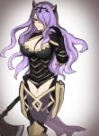  1girl absurdres axe black_panties black_tiara breasts camilla_(fire_emblem) cleavage closed_mouth fire_emblem fire_emblem_fates hair_over_one_eye highres holding holding_axe kumo_(sopurano_22) large_breasts panties purple_eyes purple_hair solo underwear 