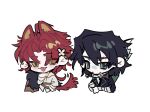  2boys animal_ears arrow_(projectile) black_hair black_jacket black_necktie bow_(weapon) cape chibi collared_shirt green_eyes hackett_(volcano_princess) highres jacket long_hair low_ponytail mouth_hold multiple_boys necktie quiver red_hair shirt simple_background stalk_in_mouth tail taowu_(20809) very_long_hair volcano_princess weapon white_background white_shirt wolf_ears wolf_tail ze_(volcano_princess) 