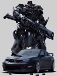  assault_visor black_car car decepticon gun highres holding holding_gun holding_weapon mecha motor_vehicle no_humans original rintaro_komori robot science_fiction shotgun_shell simple_background spoiler_(automobile) standing subaru_wrx transformers vehicle_focus weapon white_background 