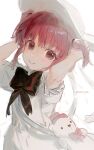  1girl absurdres arima_kana black_ribbon bob_cut child closed_mouth dress highres inverted_bob jiuzhanquechao672 looking_at_viewer oshi_no_ko red_eyes red_hair ribbon short_hair simple_background smile solo white_background white_dress white_headwear 