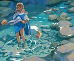  1girl barefoot blonde_hair blue_choker blue_dress breasts cardinal_(ragnarok_online) chinese_commentary choker closed_mouth commentary cross dated_commentary dress expressionless full_body golden_wings grey_eyes long_sleeves looking_down medium_bangs medium_breasts ragnarok_online river rock short_hair solo two-tone_dress wading water white_dress wide_sleeves z.i 