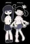  2girls absurdres arms_behind_back black_background black_eyes black_hair blunt_bangs character_name closed_mouth collared_shirt commentary dripping_eye drooling extra_arms floating_hair full_body head_tilt highres kneehighs lazy_eye limited_palette lineup loafers long_hair looking_at_viewer monoe monoko mouth_drool multiple_girls no_pupils no_shoes open_mouth outline pleated_skirt purple_skirt rariatto_(ganguri) shirt shoes short_hair short_sleeves simple_background single_loose_sock skirt smile socks straight-on twintails white_eyes white_outline yume_nikki 
