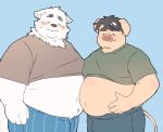  2023 anthro belly big_belly blue_background blush bottomwear canid canine canis clothed clothing domestic_dog domestic_pig duo eyes_closed hi_res inunoshippo kemono male mammal overweight overweight_male raised_clothing raised_shirt raised_topwear shirt shorts simple_background suid suina sus_(pig) topwear 