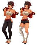  1girl abs azmi_yudista bandaged_leg bandages bandeau bare_shoulders black_choker black_pants black_shorts breasts brown_eyes brown_hair chest_sarashi choker cleavage commentary commission dark_skin forehead full_body grin highres hip_vent jacket large_breasts leggings looking_at_viewer midriff multiple_views muscular muscular_female navel off_shoulder open_clothes open_jacket original pants pointy_ears ponytail red_sash sandals sarashi sash short_hair short_shorts shorts sidelocks simple_background smile standing stomach strapless thighs tube_top white_background 