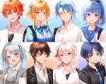  3girls 5boys 723/nanahumi black_jacket blonde_hair blue_eyes blue_hair blue_shirt breasts brown_hair closed_mouth earrings flower genshin_impact grey_hair hair_flower hair_ornament jacket jewelry kaedehara_kazuha kamisato_ayaka kamisato_ayato long_hair long_sleeves lumine_(genshin_impact) multicolored_hair multiple_boys multiple_girls neckerchief open_mouth orange_hair purple_eyes purple_hair red_eyes red_hair scaramouche_(genshin_impact) school_uniform serafuku shirt short_hair single_earring smile tartaglia_(genshin_impact) tassel tongue tongue_out white_hair white_serafuku white_shirt yellow_eyes zhongli_(genshin_impact) 