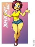  absurd_res anthro avian beak belmont_art1 bird blue_eyes blush bodily_fluids bottomwear breasts chicken clothing female galliform gallus_(genus) hair hi_res hotpants phasianid red_hair regue_chicken shorts solo sweat sweatdrop thick_thighs violeta_herrera yellow_body 