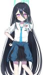  &lt;key&gt;_(blue_archive) 1girl absurdly_long_hair black_hair black_skirt blue_archive blue_cardigan blush cardigan cardigan_around_waist clothes_around_waist feet_out_of_frame frown gyaru gyaru_v hair_between_eyes halo hand_on_own_hip highres kogal long_hair looking_at_viewer murase48 pink_eyes pleated_skirt scrunchie shirt simple_background skirt sleeves_rolled_up solo straight_hair v very_long_hair white_background white_shirt wrist_scrunchie 