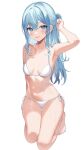  1girl arm_up armpits bare_arms bare_legs bare_shoulders barefoot bikini blue_eyes blue_hair breasts breasts_apart collarbone halterneck hololive hoshimachi_suisei kneeling long_hair looking_at_viewer motsunuki navel open_mouth side-tie_bikini_bottom simple_background small_breasts smile solo stomach string_bikini swimsuit thigh_gap thighs toes virtual_youtuber wet white_background white_bikini 