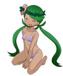  1girl bare_arms bare_legs bare_shoulders barefoot bikini breasts closed_eyes dark-skinned_female dark_skin flower flower_ornament green_eyes green_hair hair_ornament highres kneeling lace-trimmed_bikini lace_trim long_hair mallow_(pokemon) ookamiuo open_mouth pokemon pokemon_(game) pokemon_sm purple_bikini small_breasts smile solo string_bikini swimsuit thighs twintails white_background 