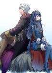  1boy 1girl ameno_(a_meno0) armor back-to-back black_gloves black_robe black_sweater blue_cape blue_eyes blue_hair cape closed_mouth commentary_request fire_emblem fire_emblem_awakening gloves hair_between_eyes hood hood_down hooded_robe long_hair long_sleeves lucina_(fire_emblem) pauldrons profile red_cape ribbed_sweater robe robin_(fire_emblem) robin_(male)_(fire_emblem) rock short_hair shoulder_armor sitting smile sweater tiara turtleneck turtleneck_sweater two-tone_cape white_background white_hair 